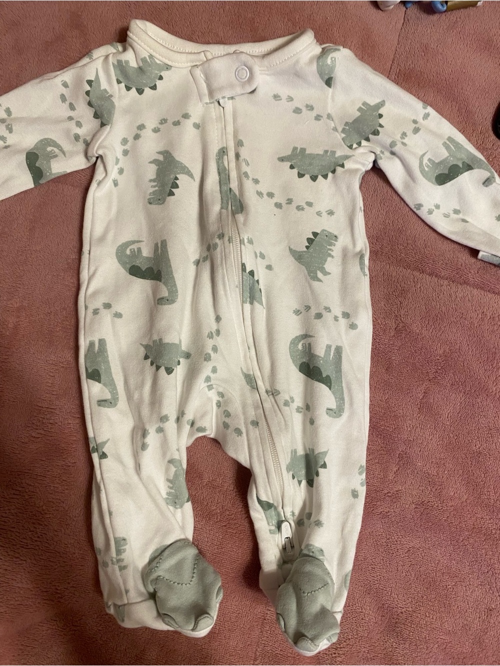 Carter's Cream Footed One-Piece with Sage Dinosaur Print